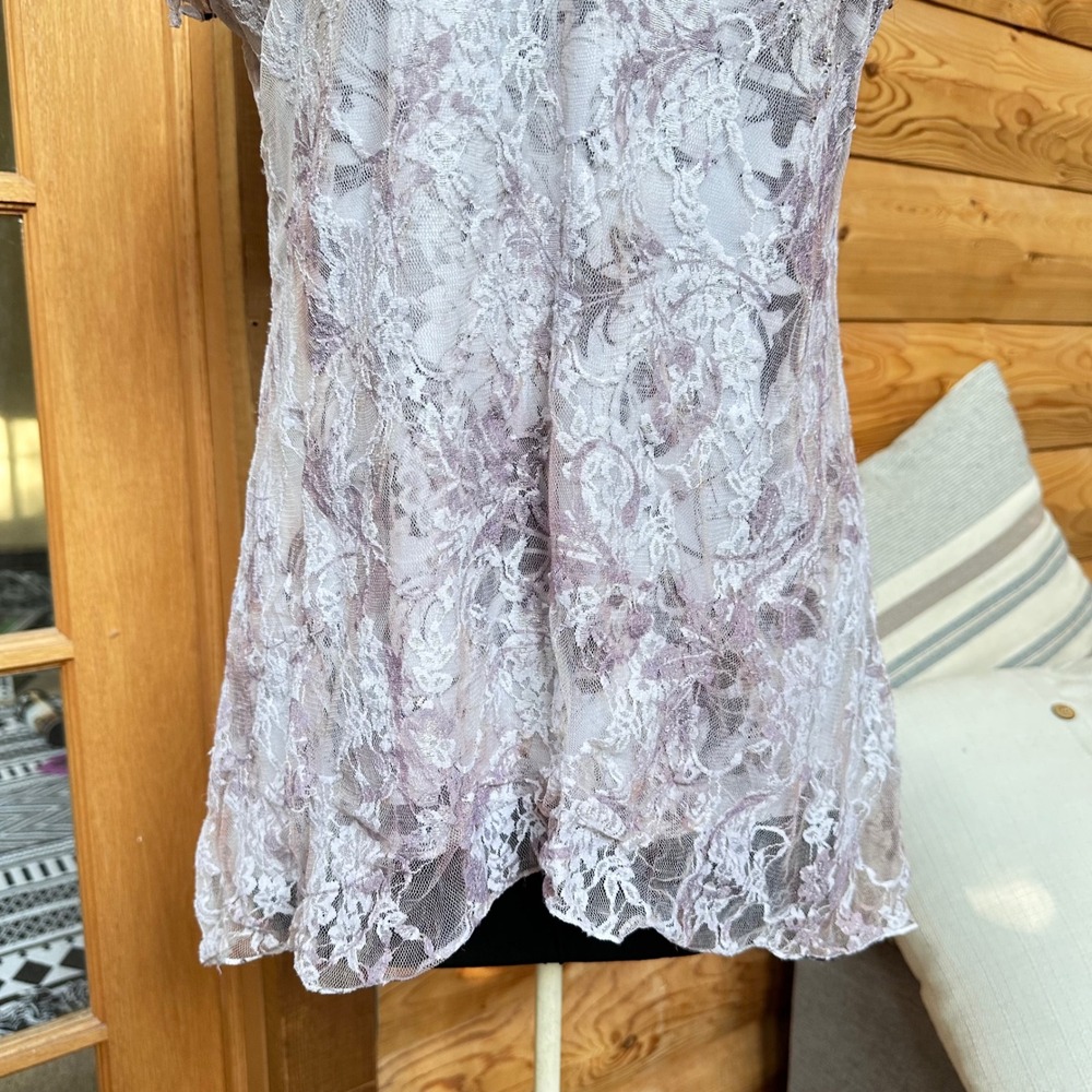 Lace Overlay Short Sleeve Top in Light Lavender - Picture 6 of 15